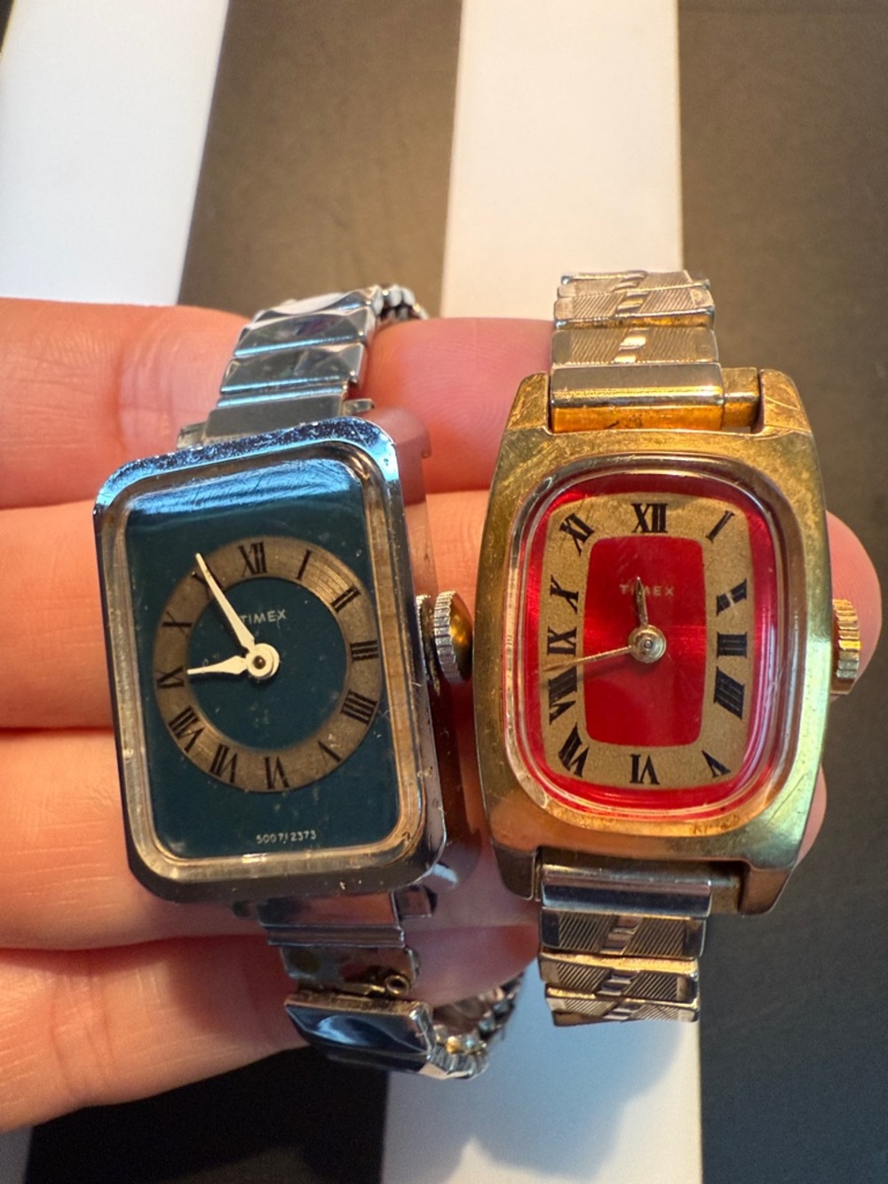Timex Rectangular Wristwatch Pair in Blue and Red Dials